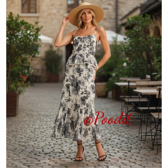 KLESIS ivory and black floral maxi dress S M L - Picture 4 of 6